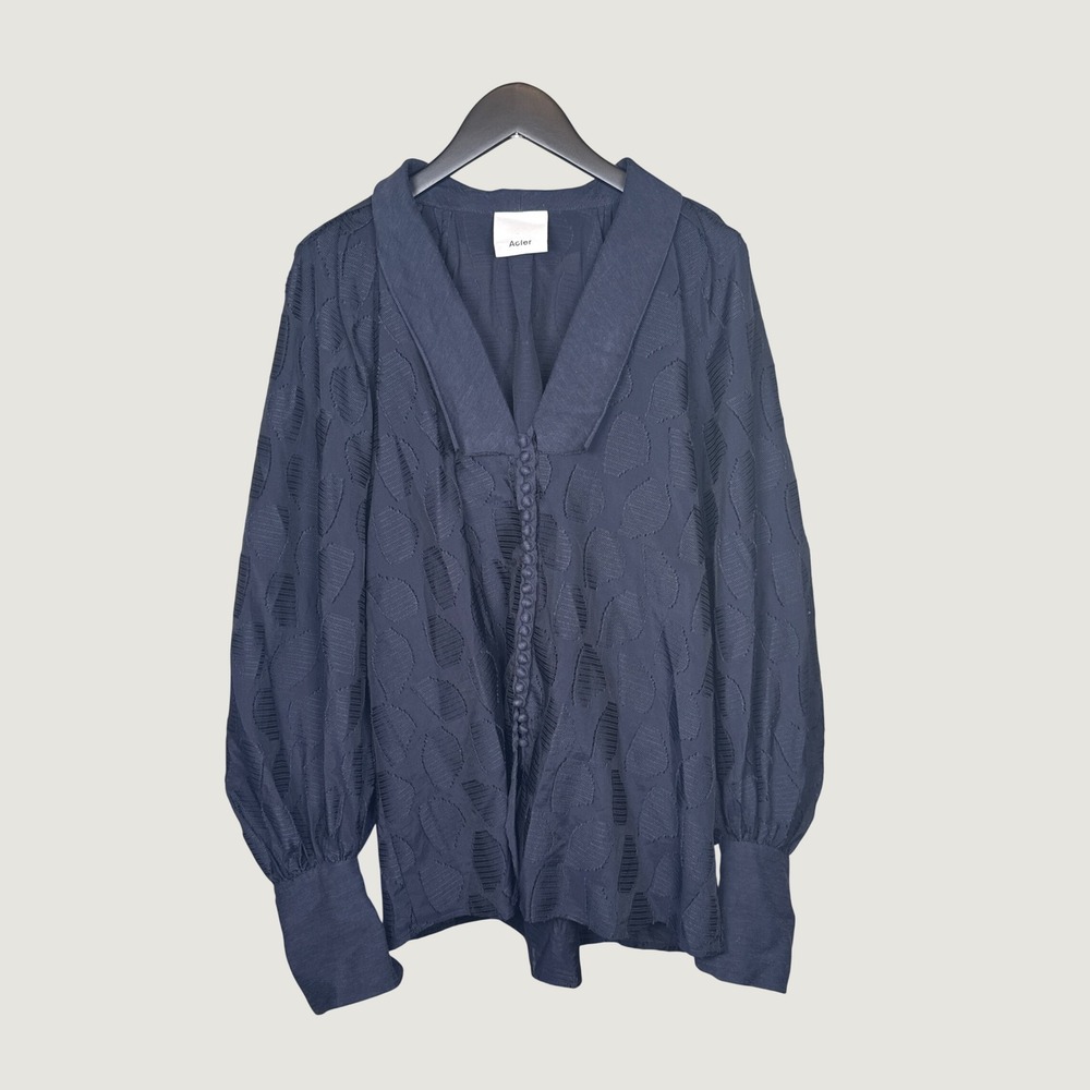 Acler Navy Blue Burnout Leaf Long Sleeve Button Front Blouse US 4 AU 8